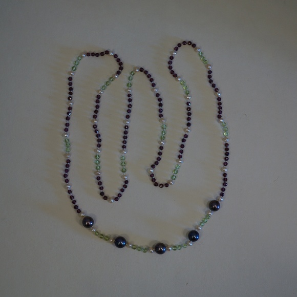 34" Genuine Pearl, Peridot & Garnet Bead Necklace - Picture 1 of 3